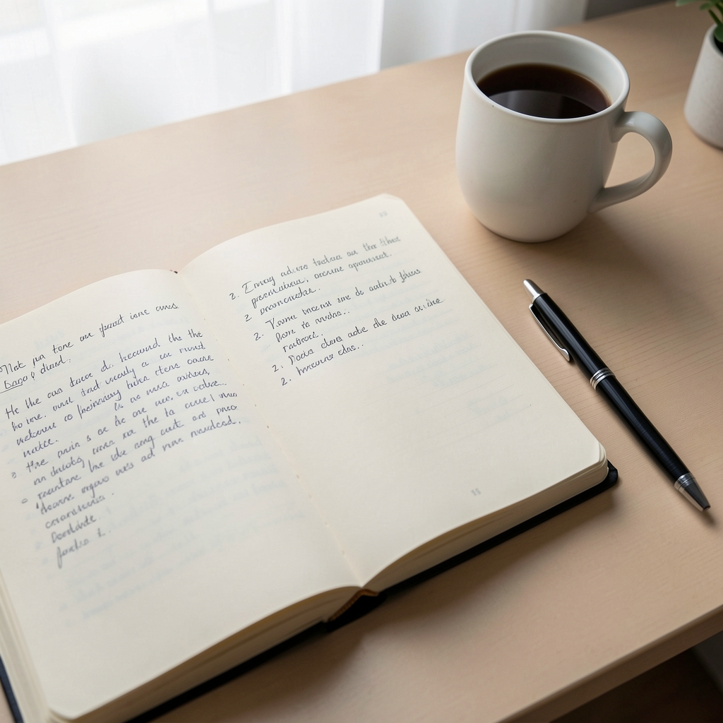 Close view of an open journal with handwritten notes on a clean desk with a single pen and morning coffee in soft natural light