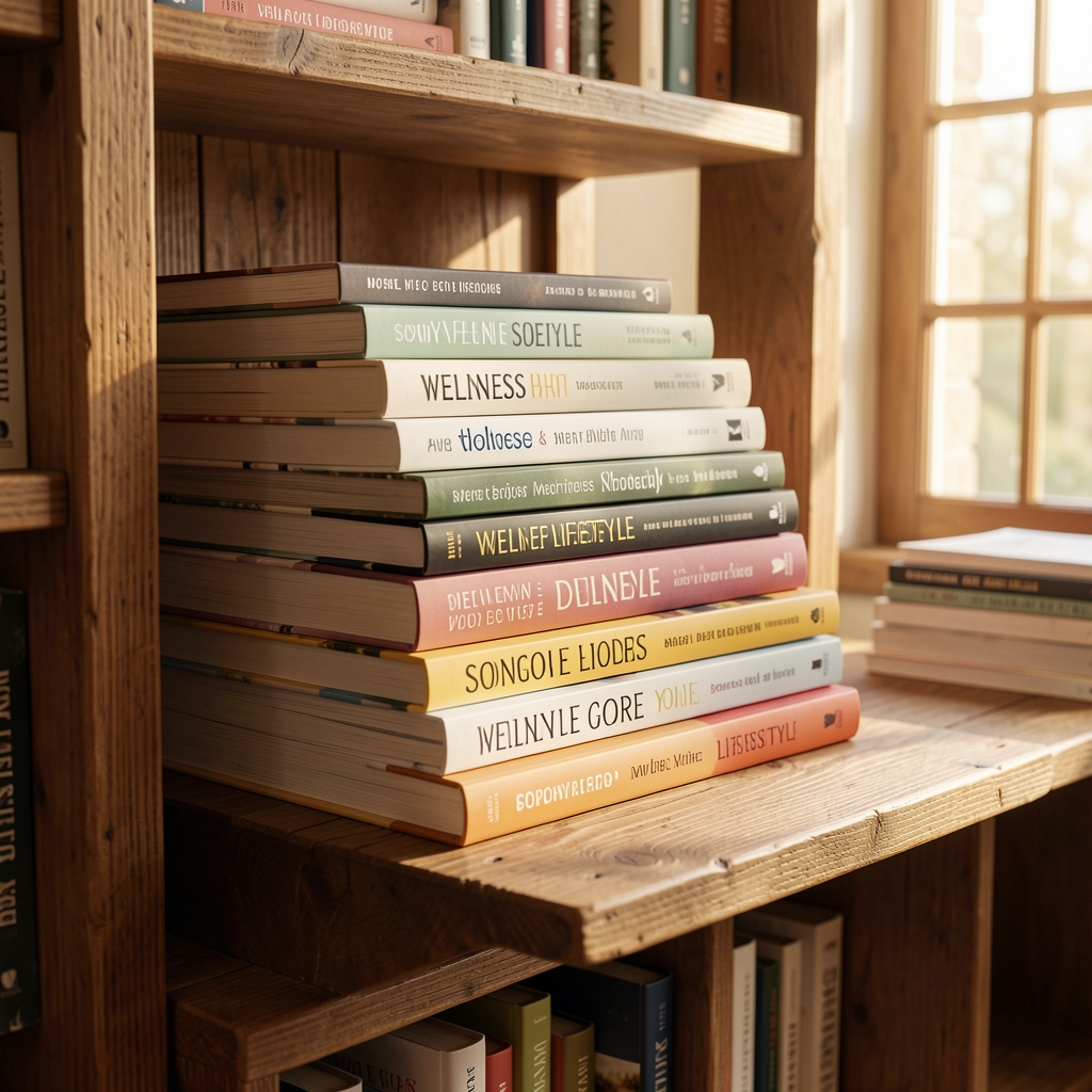 Stack of well-read wellness and lifestyle publications arranged on a wooden shelf in a warm, naturally lit reading room