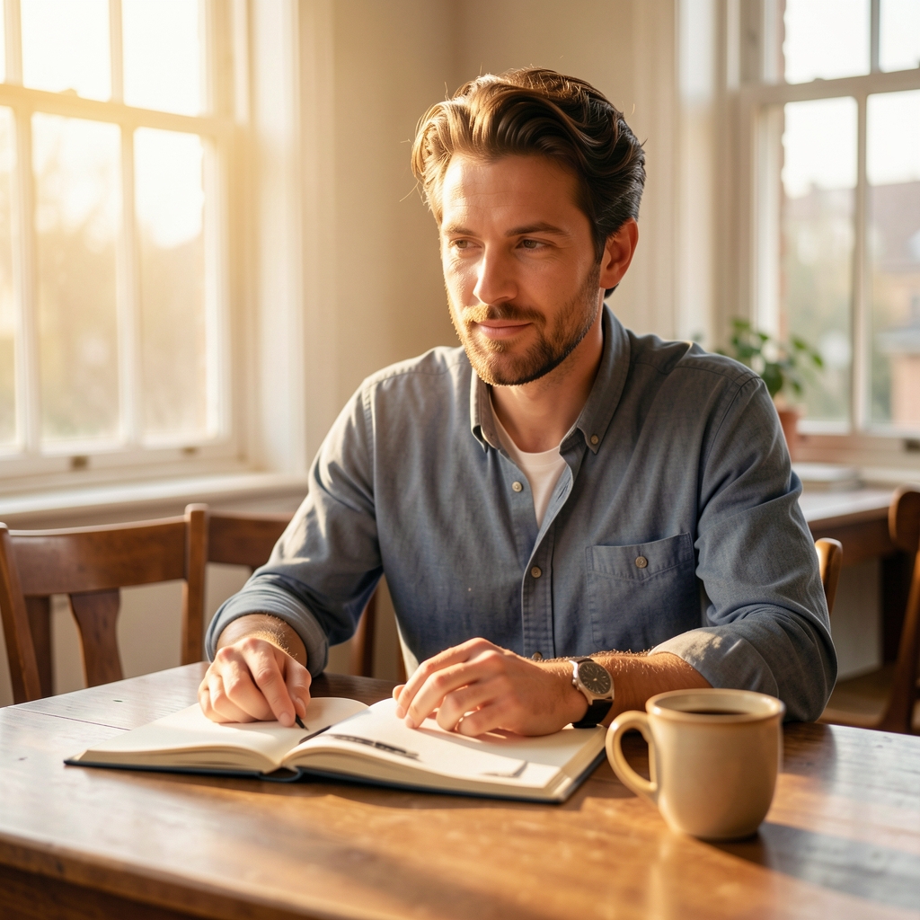 Man at a wooden desk in morning light, notebook open beside a ceramic coffee cup, warm soft-focus interior